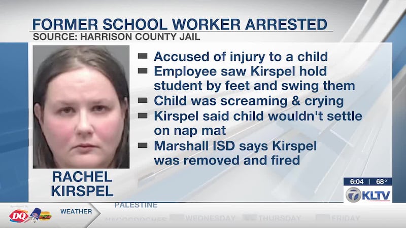 Rachel Ann Kirspel, 37, of Marshall was arrested Monday and charged with injury to a child.